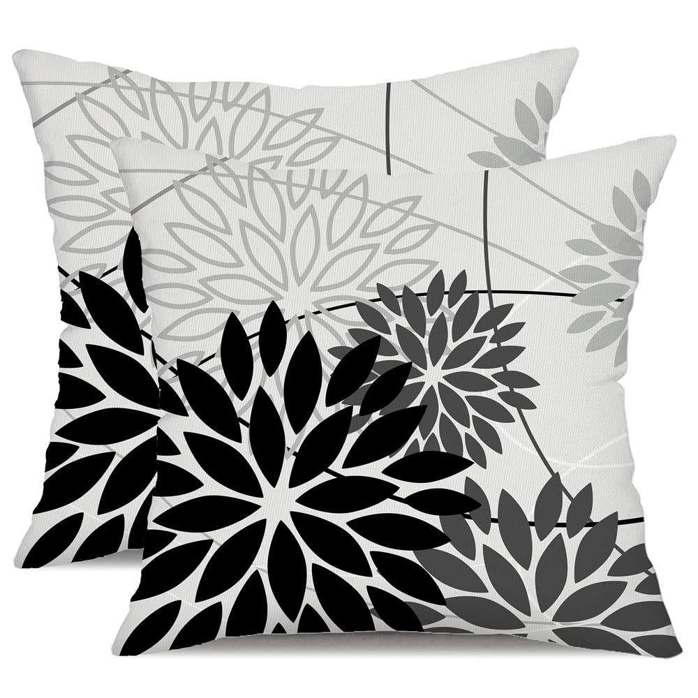 Black Grey Floral Pillow Covers 16X16 Set Of 2 Outdoor Waterproof White Colored Decorative Throw Pillows Summer Pillowcase Polye