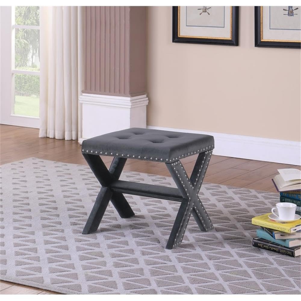 Best Master Furniture Velvet Fabric Upholstered Square Accent Bench in Gray