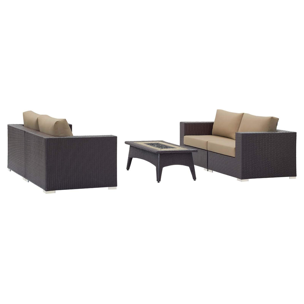 Modway Convene Wicker Rattan 5 Piece Outdoor Patio Sectional Set With Fire Pit In Espresso Mocha