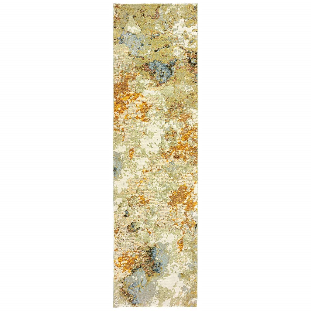 HomeRoots Nylon, Polypropylene 3’ x 12’ Modern Abstract Gold and Beige Indoor Runner Rug