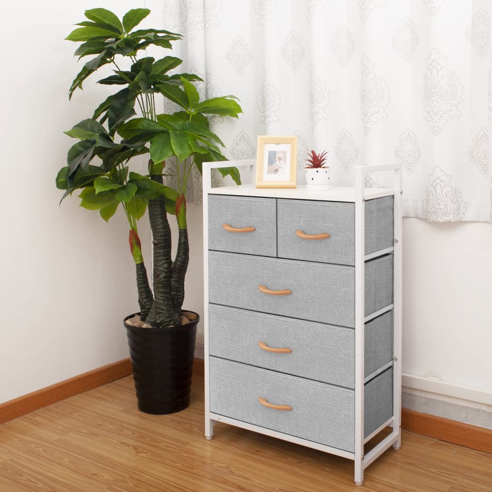 Azl1 Life Concept Storage Dresser Furniture Unit - Large Standing Organizer Chest For Bedroom, Office, Living Room, And Closet - 5 Drawers Removable Fabric Bins - Light Grey