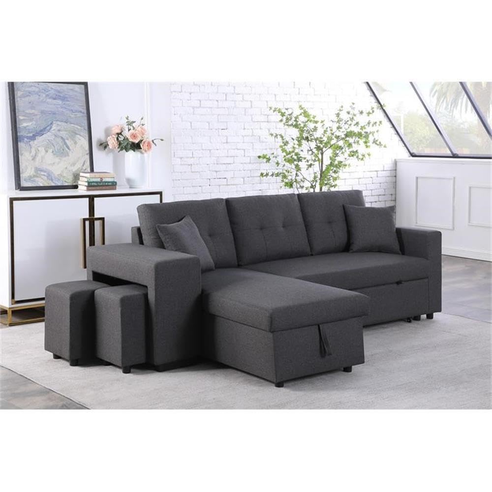 Lilola Home Dennis Dark Gray Linen Fabric Reversible Sleeper Sectional with Storage Chaise and 2 Stools