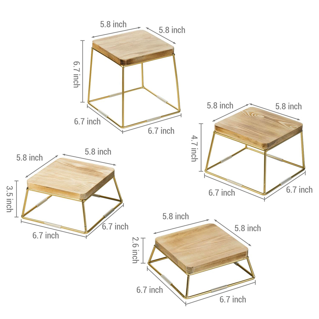 Mygift 6 Inch Square Burnt Natural Solid Wood And Gold Tone Metal Wire Cupcake Dessert Risers, Tabletop Pizza Food Serving Stand