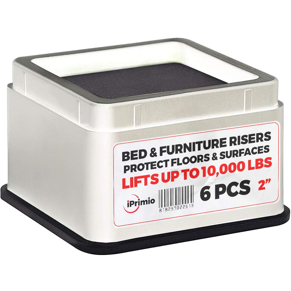 iPrimio Bed Risers - Square, 2 Inch Lift, Heavy Duty, 6 Pack, Up to 10000lbs - Bed Raising Blocks, Furniture Risers - Safe, Stur