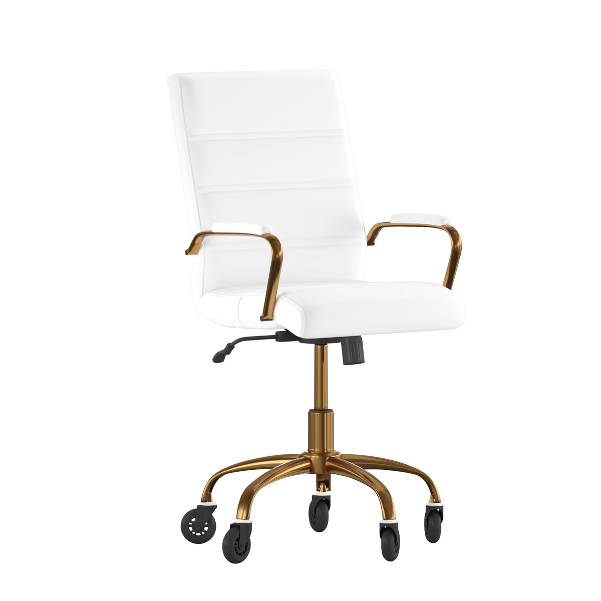 Flash Furniture Camilia Mid-Back White Leathersoft Executive Swivel Office Chair With Gold Frame, Arms, And Transparent Roller Wheels