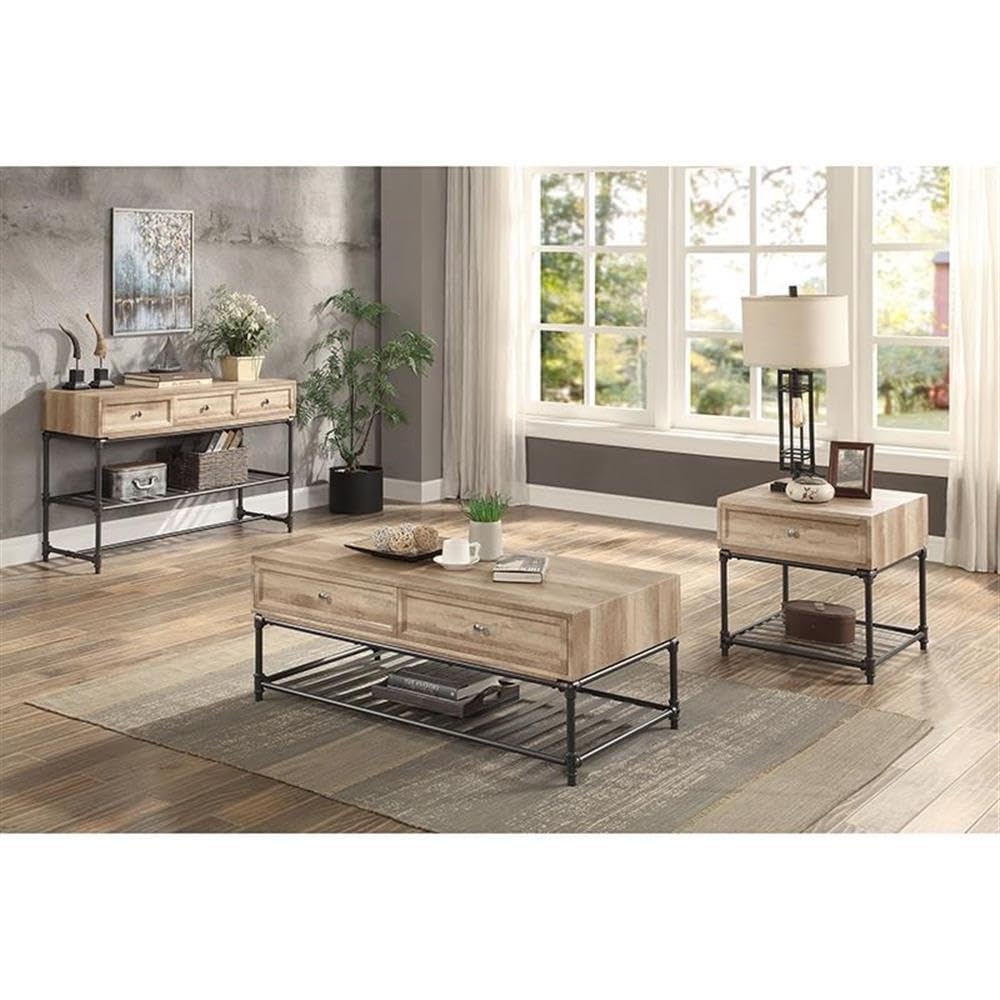 Acme Brantley 3-Drawer Wooden Rectangular Sofa Table in Oak and Sandy Black