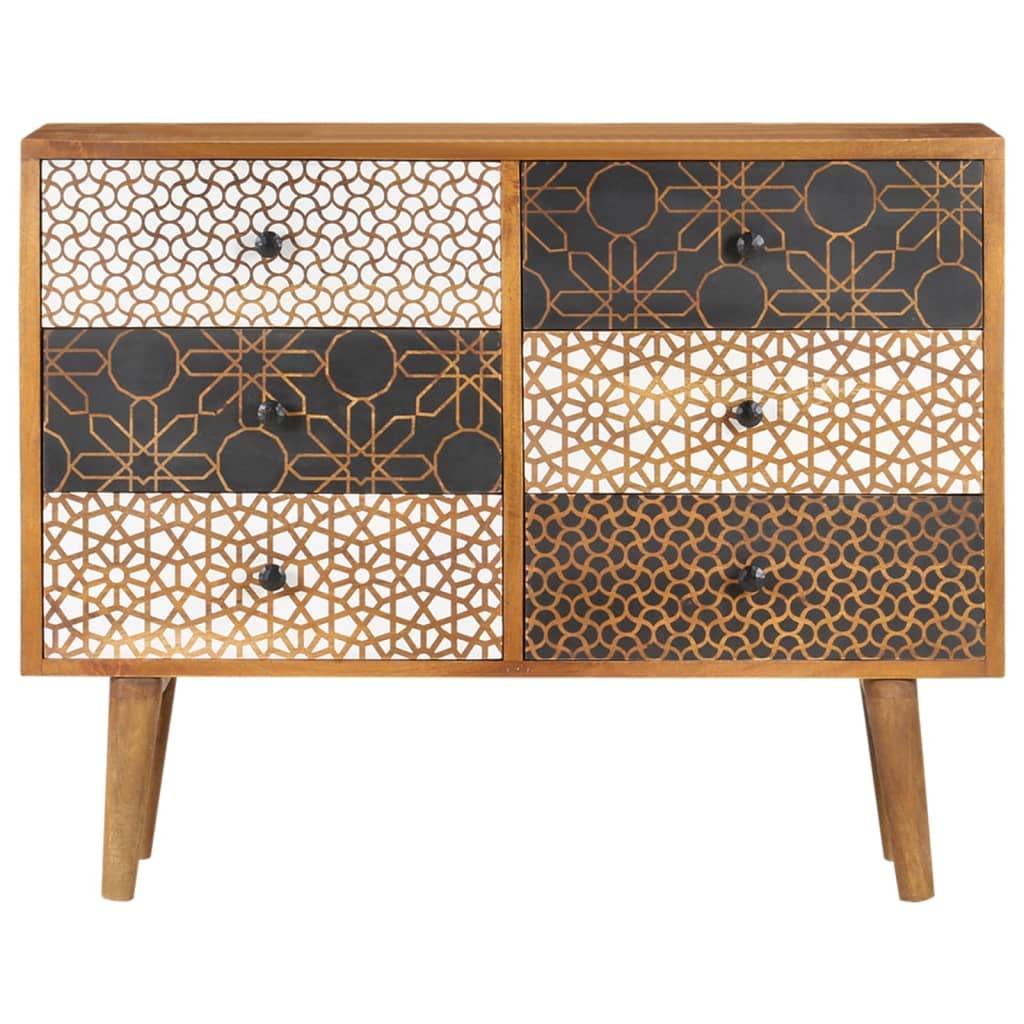 vidaXL Solid Mango Wood Sideboard with Printed Pattern - Mid-Century Inspired, Polished & Lacquered, Secure Wall Attachment, Ample Storage with 6 Drawers, Unique Grain and Contour