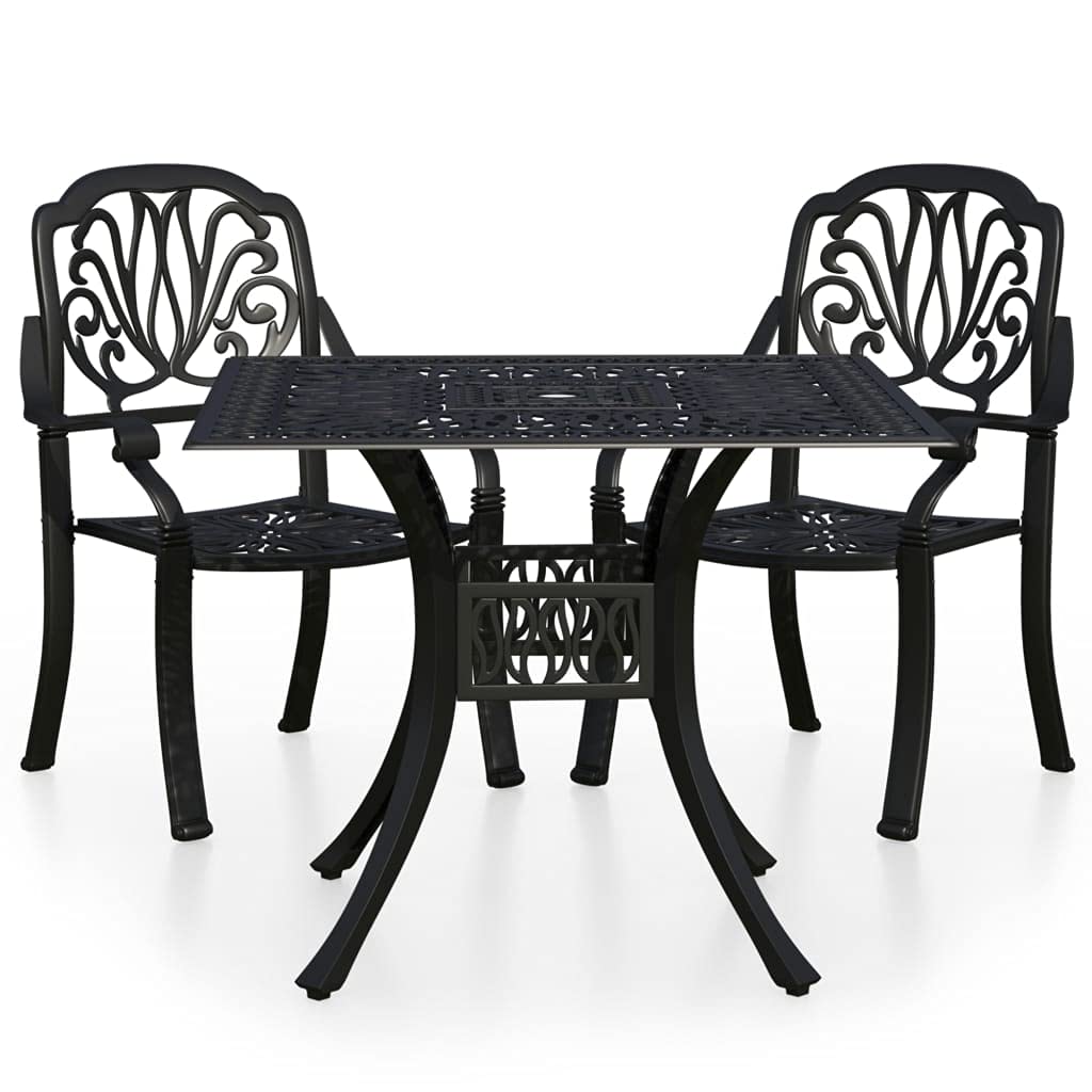 vidaXL 3-Piece Industrial Style Bistro Set - Cast Aluminum Outdoor Patio Furniture - Black - Patterned Design - with Umbrella Hole