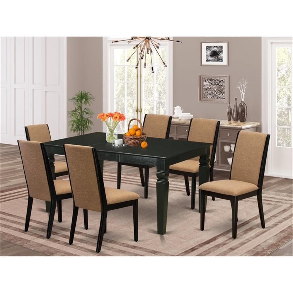 East West Furniture WELA7-BLK-47 7 Piece Dining Table Set Consist of a Rectangle Kitchen Table with Butterfly Leaf and 6 Light Sable Linen Fabric Upholstered Chairs, 42x60 Inch, Black