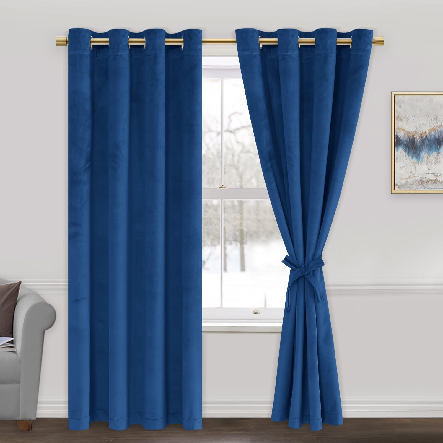 Jiuzhen Blue Velvet Curtains 72 Inches Blackout Curtains For Living Room - Privacy Protect Room Darkening Grommet Thick Velvet W