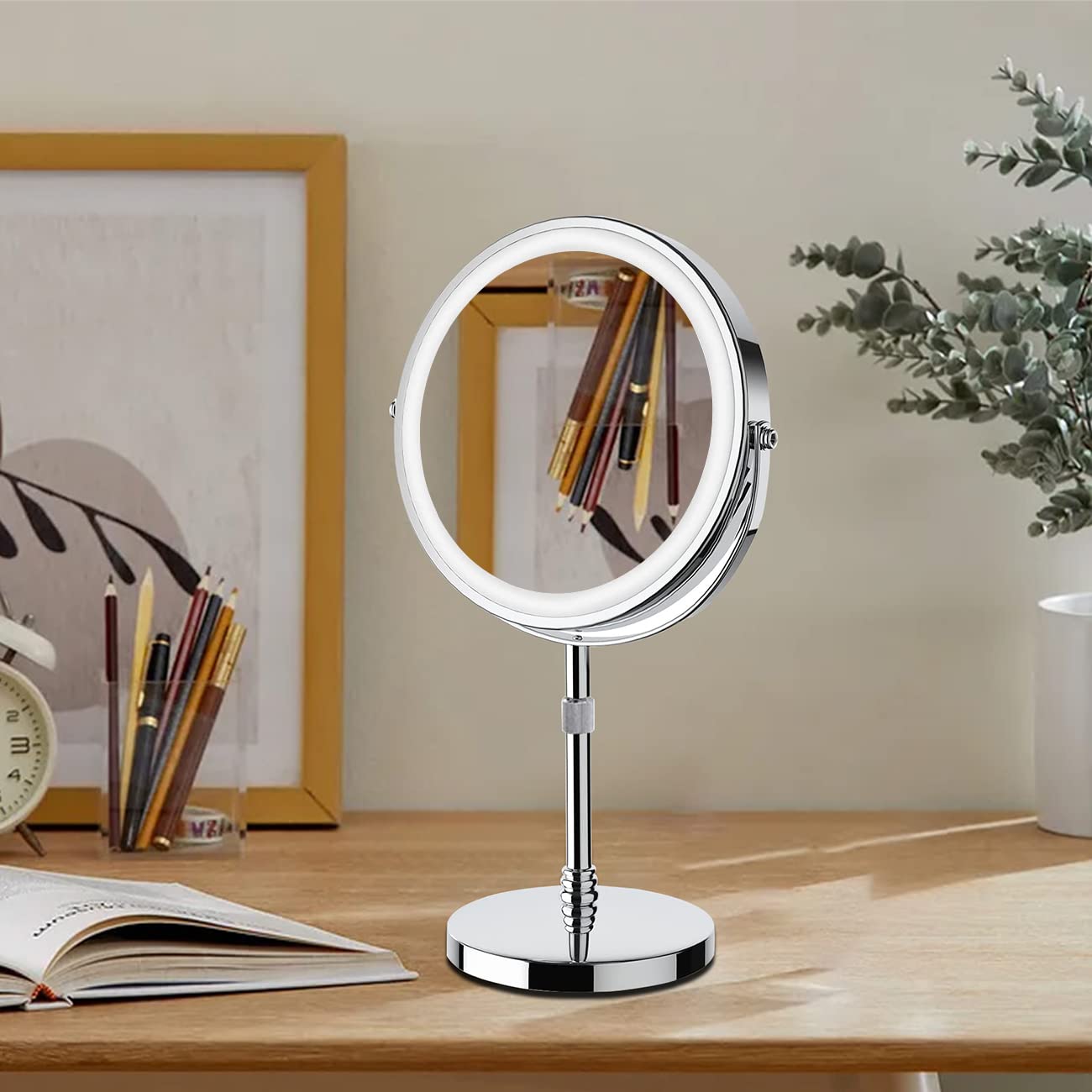 Hihia Lighted Tabletop Makeup Mirror 8 Inch Double-Sided 7X Magnification, Desk Mirror With Pedestal For Shaving, Height Adjusta