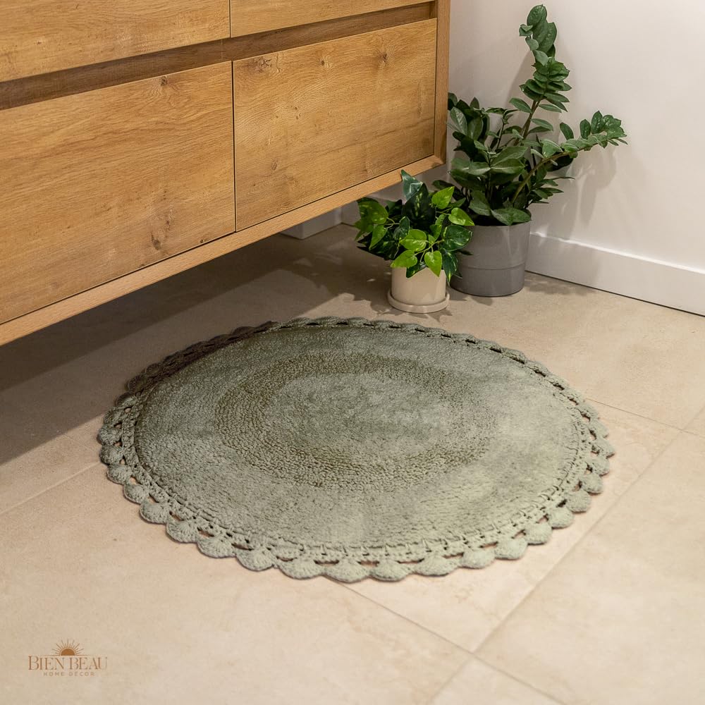 BIEN BEAU Round Bohemian Bathroom Rug with Crochet Contour. Sage Green Bathroom Rugs-100% Cotton, Reversible Round Boho Bedroom 