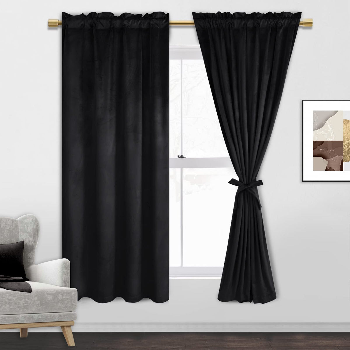 Jiuzhen Black Velvet Curtains 63 Inches For Living Room - Privacy Protect Room Darkening Rod Pocket Thick Velvet Window Drapes F
