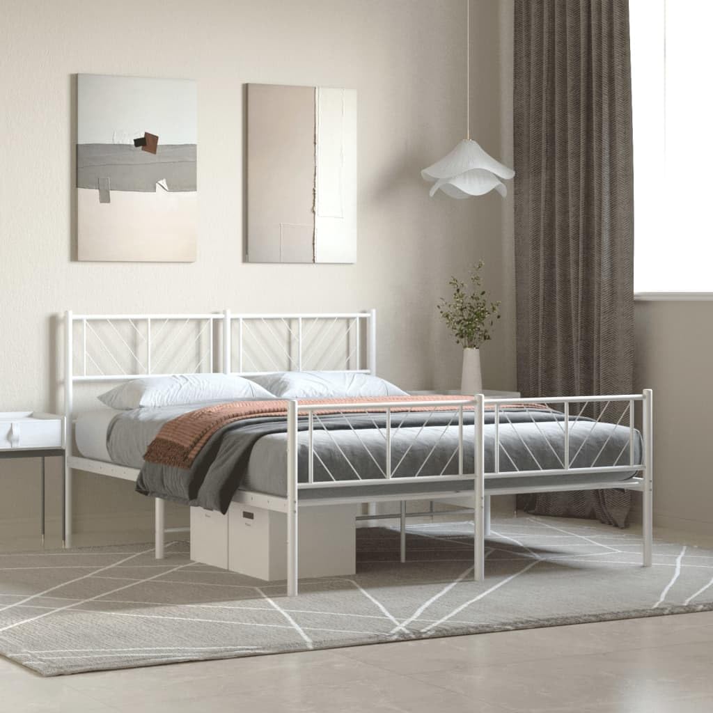 vidaXL White Metal Bed Frame with Headboard and Footboard, Robust Powder-Coated Steel Construction, Classic Design, Storage Space, Supportive Metal Slats