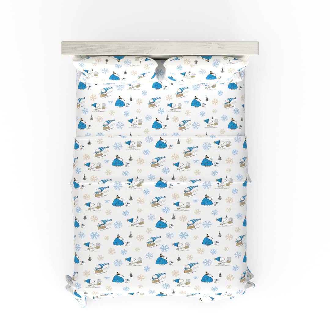 Franco Peanuts Snoopy Puffer Coat Holiday & Christmas Bedding Super Soft 100% Cotton Flannel Sheet Set, Queen, (Officially Licen