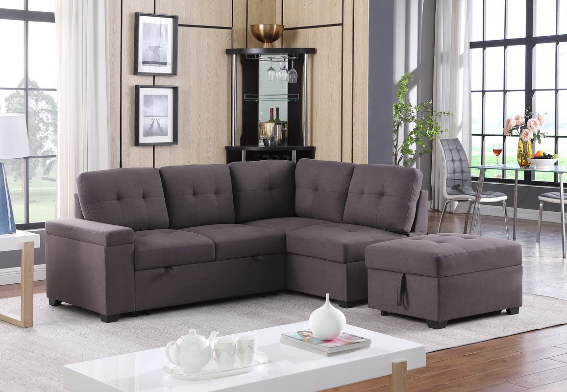 Lilola Home Katie Brown Linen Sleeper Sectional Sofa with Storage Ottoman, Storage Arm