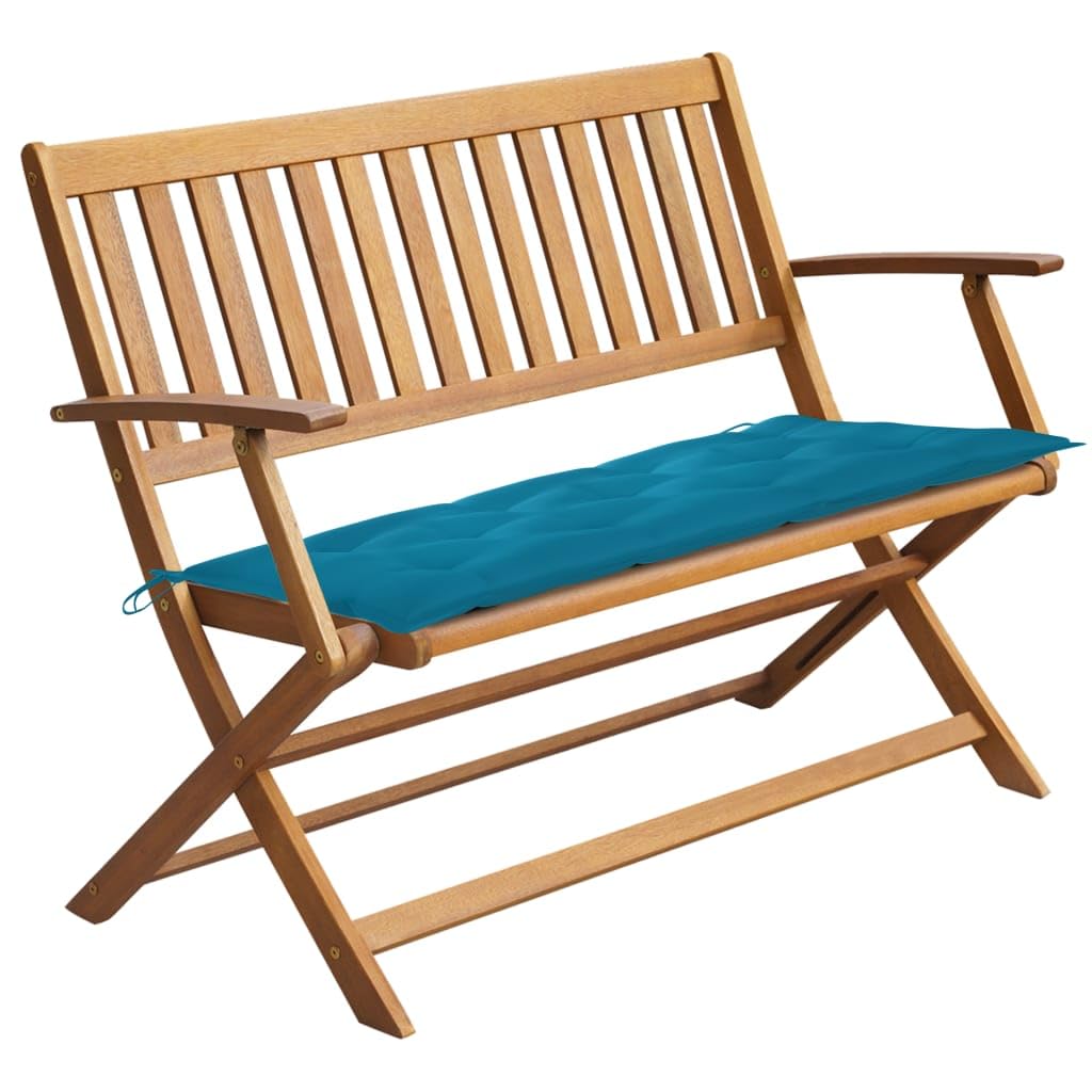 Vidaxl Solid Acacia Wood Outdoor Patio Bench With Foldable Design And Waterproof Light Blue Cushion - Retro Style Seating For Garden, Patio, Balcony