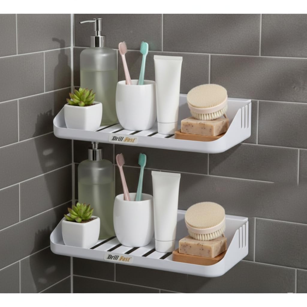 Drill Fast Wall Mounted Shelf | Bathroom & Kitchen Storage Rack with Screws | Rust Free, Durable Organizer  Pack of 2 (DFDesig