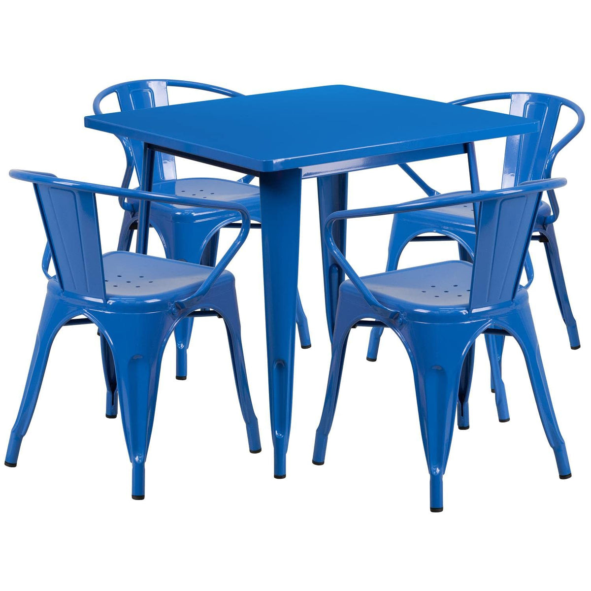 Flash Furniture Commercial Grade 31.5&quot; Square Blue Metal Indoor-Outdoor Table Set with 4 Arm Chairs