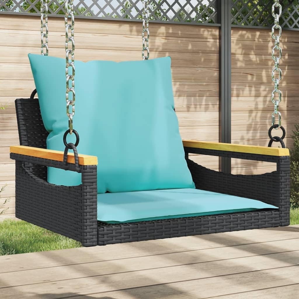 vidaXL Black Poly Rattan Swing Bench w/Blue Cushions - Outdoor/Garden Hammock Chair - 24.8"x24.4"x14.6" - PE Rattan, Steel & Acacia Wood