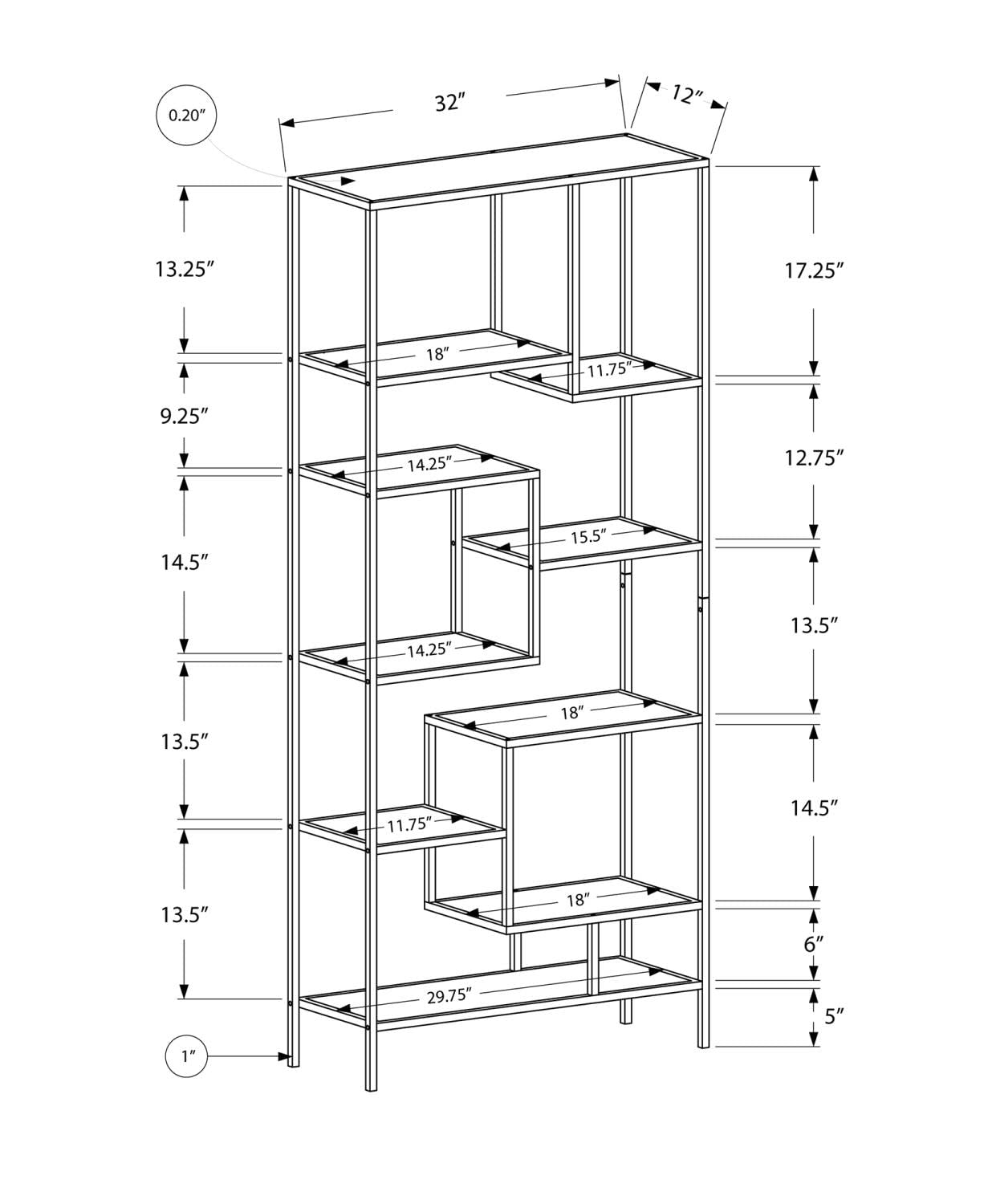 Monarch Specialties 7159 Bookshelf, Bookcase, Etagere, Office, Bedroom, Metal, Tempered, Contemporary, Modern Bookcase-72, 32" L X 12" W X 72" H, White/Clear Glass