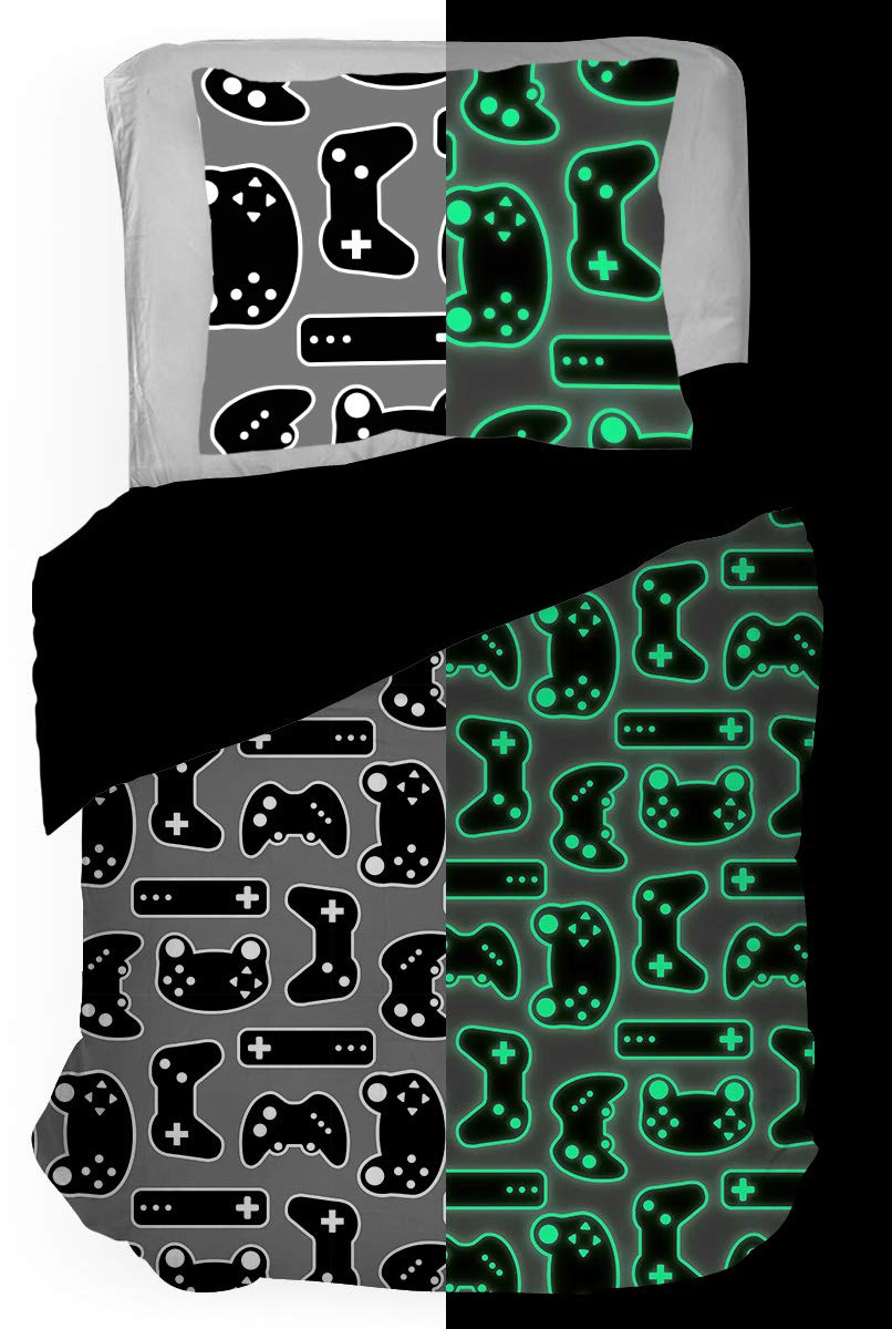 Jay Franco Trend Collector Game On Glow In The Dark Twin Comforter & Sham Set - Super Soft Kids Bedding Features Video Game Cont