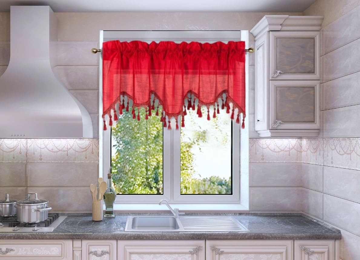Solid Faux Silk Swag Waterfall Cascade Ascot Window Curtain Valance W/Tassels Trim 55' X18' Wave (1, Red)