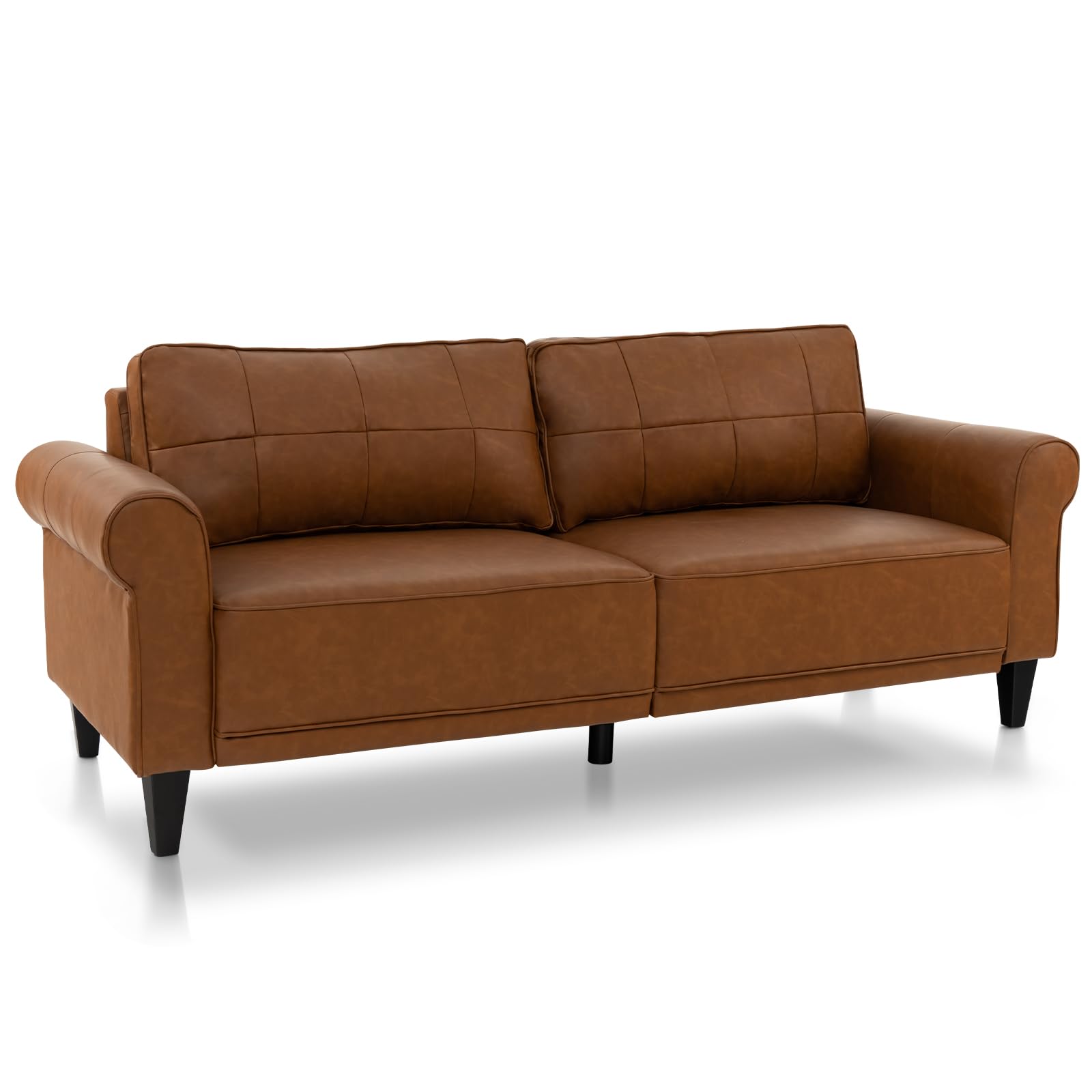 Giantex Sofa Couch, 81.5' Upholstered 3-Seater Sofa With Faux Leather, 2 Detachable Back Pillows, 5 Wooden Support Legs, Modern Mid Century For Living Room Reception Bedroom Office (Brown)