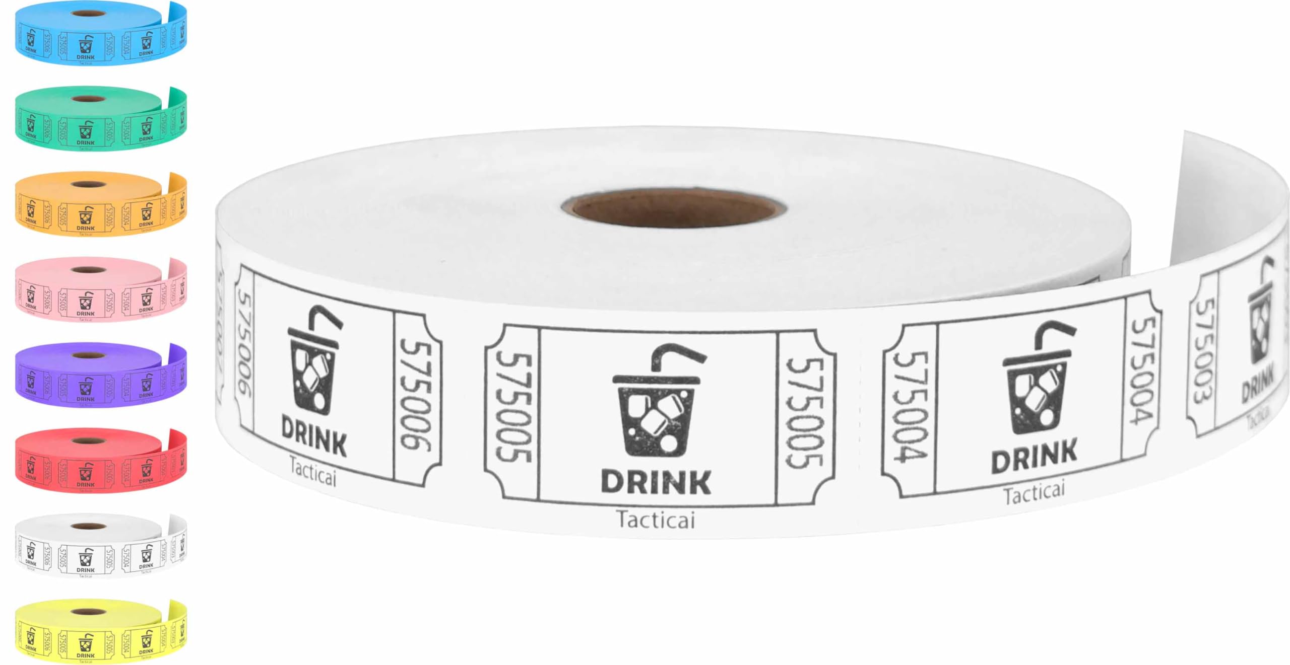 Tacticai 1000 Raffle Tickets, Drink, White (8 Color Selection), Single Roll For Events, Entry, Class Reward, Fundraiser & Prizes