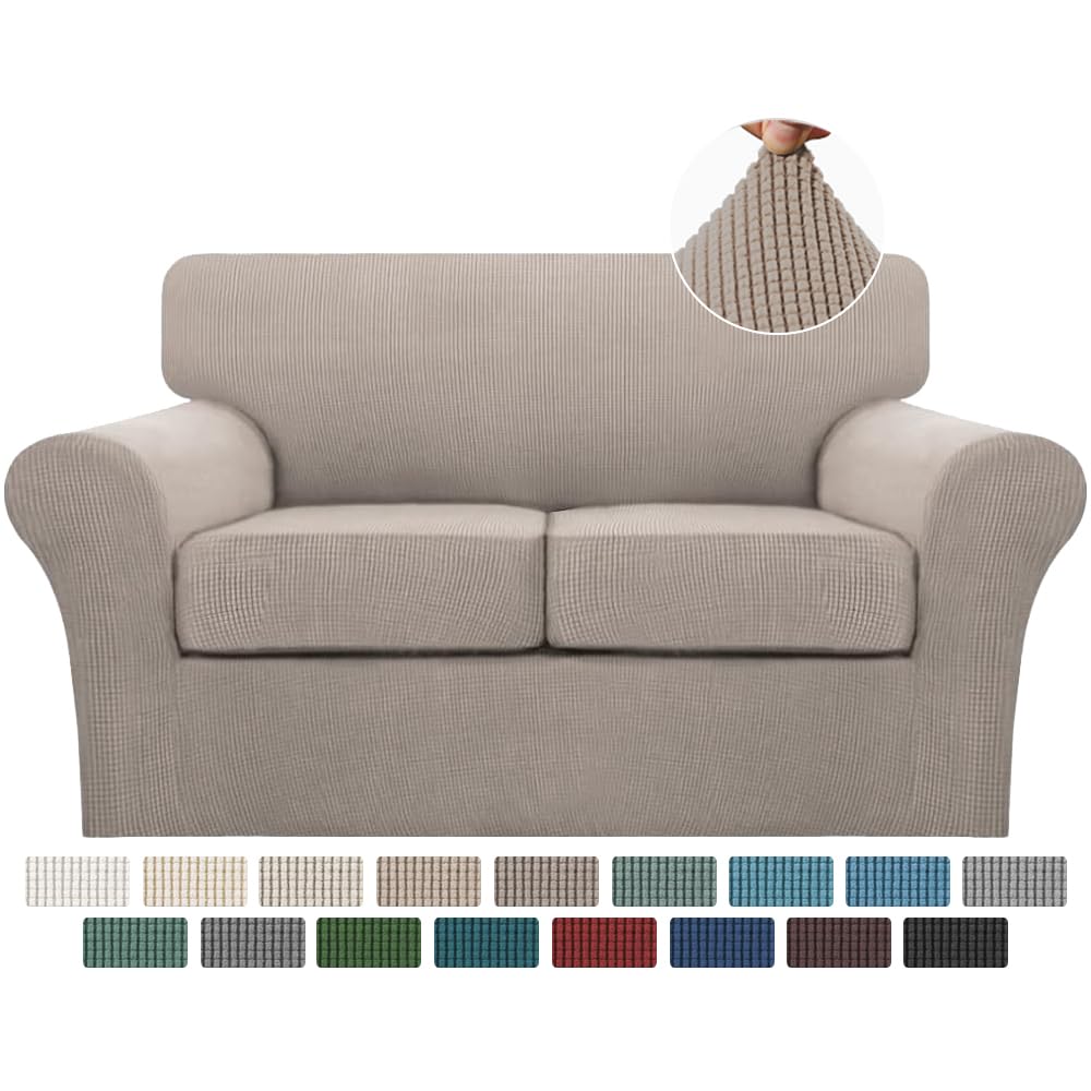 Turquoize 3 Piece Sofa Covers For 2 Cushion Couch Sofa Slipcover Soft Couch Cover For Dogs-Washable Sofa Furniture Covers With 2 Individual Cushion Covers, Thick Jacquard Fabric (Loveseat, Sand)