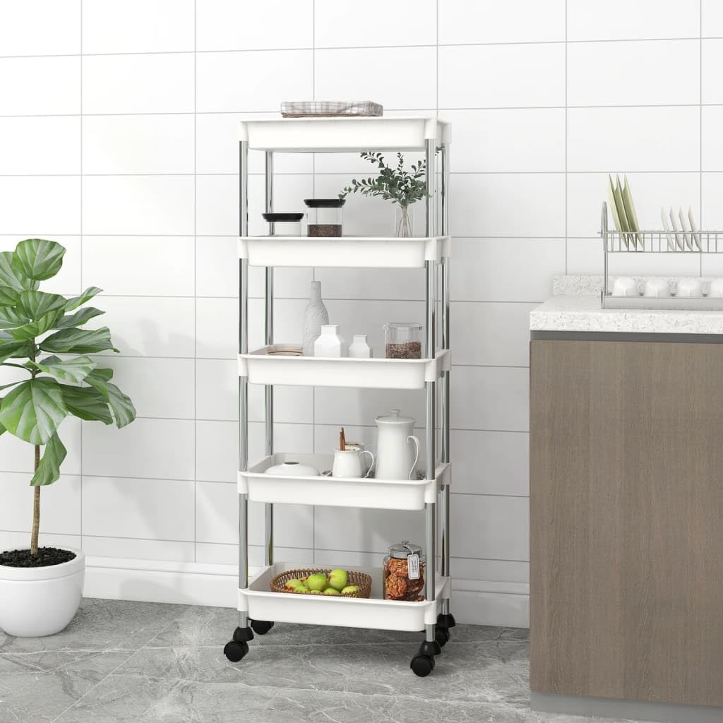vidaXL 5-Tier Kitchen Trolley in White - Convenient Storage Organizer with Removable Baskets and 2 Braking Wheels - Durable ABS Plastic and Iron - 16.5&quot;x11.4&quot;x50.4&quot;