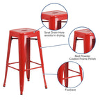 30 Inch Ht Backless Indoor/Outdoor Barstool, Red Metal, Square Seat