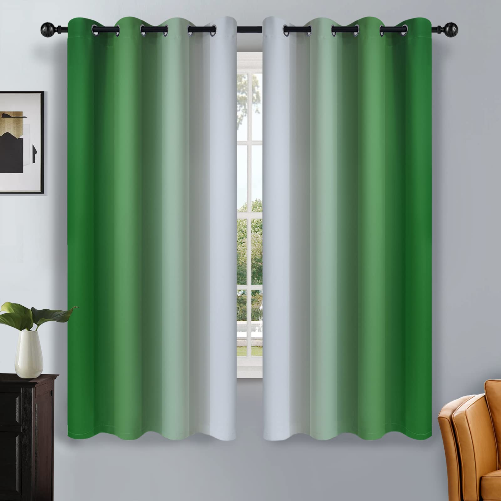 Simplehome Ombre Room Darkening Curtains For Bedroom, Gradient Green To Grey White Light Blocking Thermal Insulated Grommet Wind