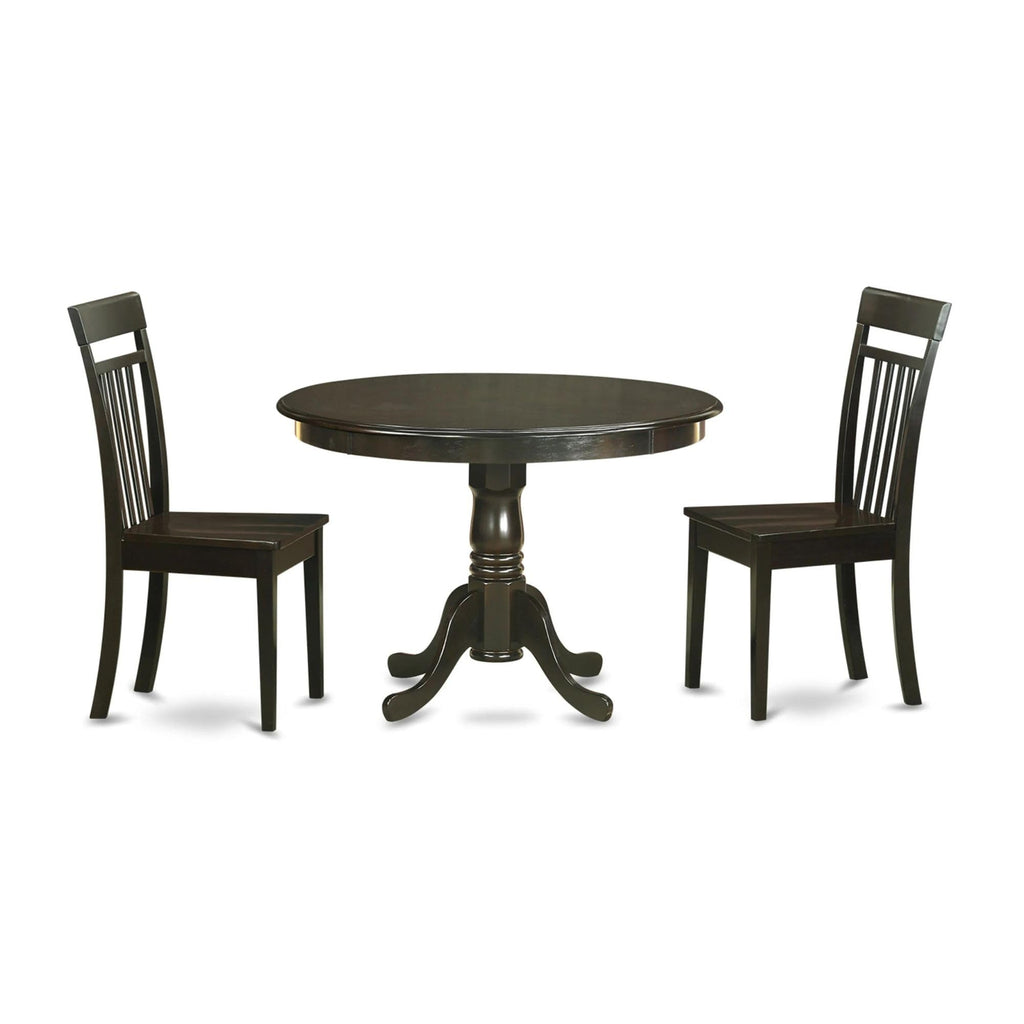 East West Furniture HLCA3-CAP-W 3 Piece Dining Set Contains a Round Dining Room Table with Pedestal and 2 Kitchen Chairs, 42x42 Inch, Cappuccino
