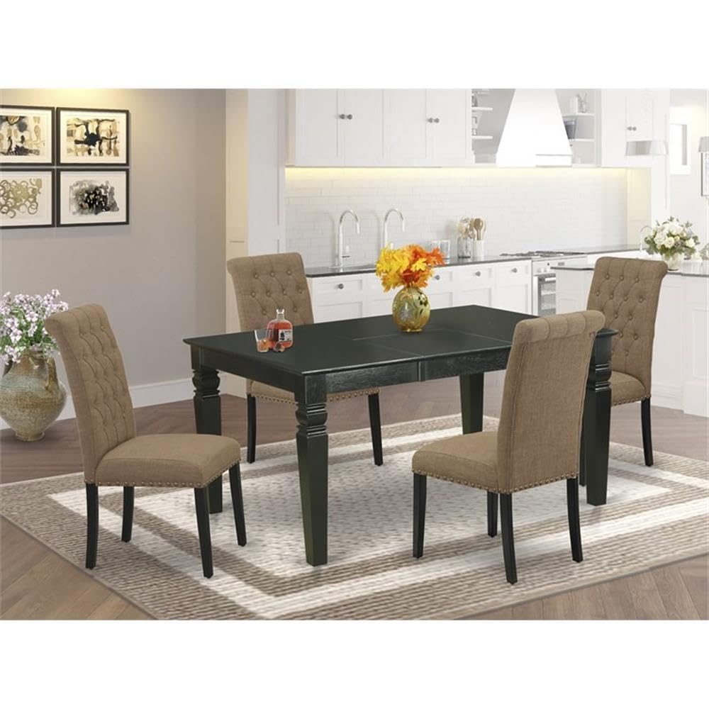 East West Furniture Webr5-Blk-17 5 Piece Modern Dining Table Set Includes A Rectangle Wooden Table With Butterfly Leaf And 4 Light Sable Linen Fabric Parson Chairs, 42X60 Inch, Black