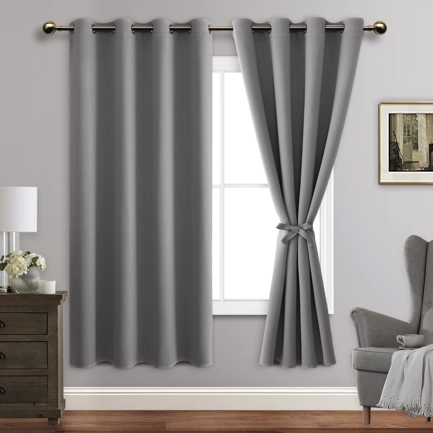 Jiuzhen Light Grey Blackout Curtains With Tiebacks Thermal Insulated, Light Blocking Noise Reducing Grommet Curtains For Bedroom And Living Room, Set Of 2 Window Curtain Panels, 60 X 63 Inch Length