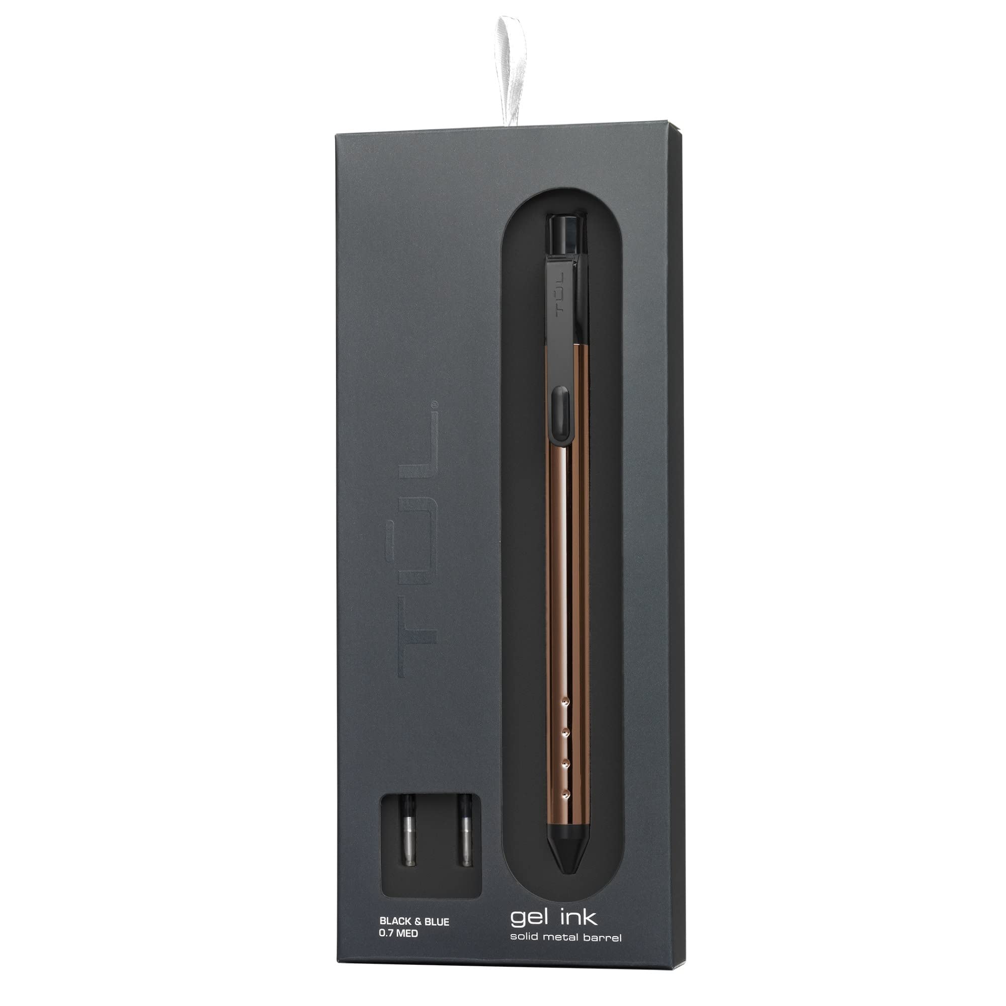 Tul Fine Writing Solid Metal Barrel Retractable Gel Pen With 2 Refills, Medium Point, 0.7 Mm, Rose Gold Barrel, Black/Blue Ink
