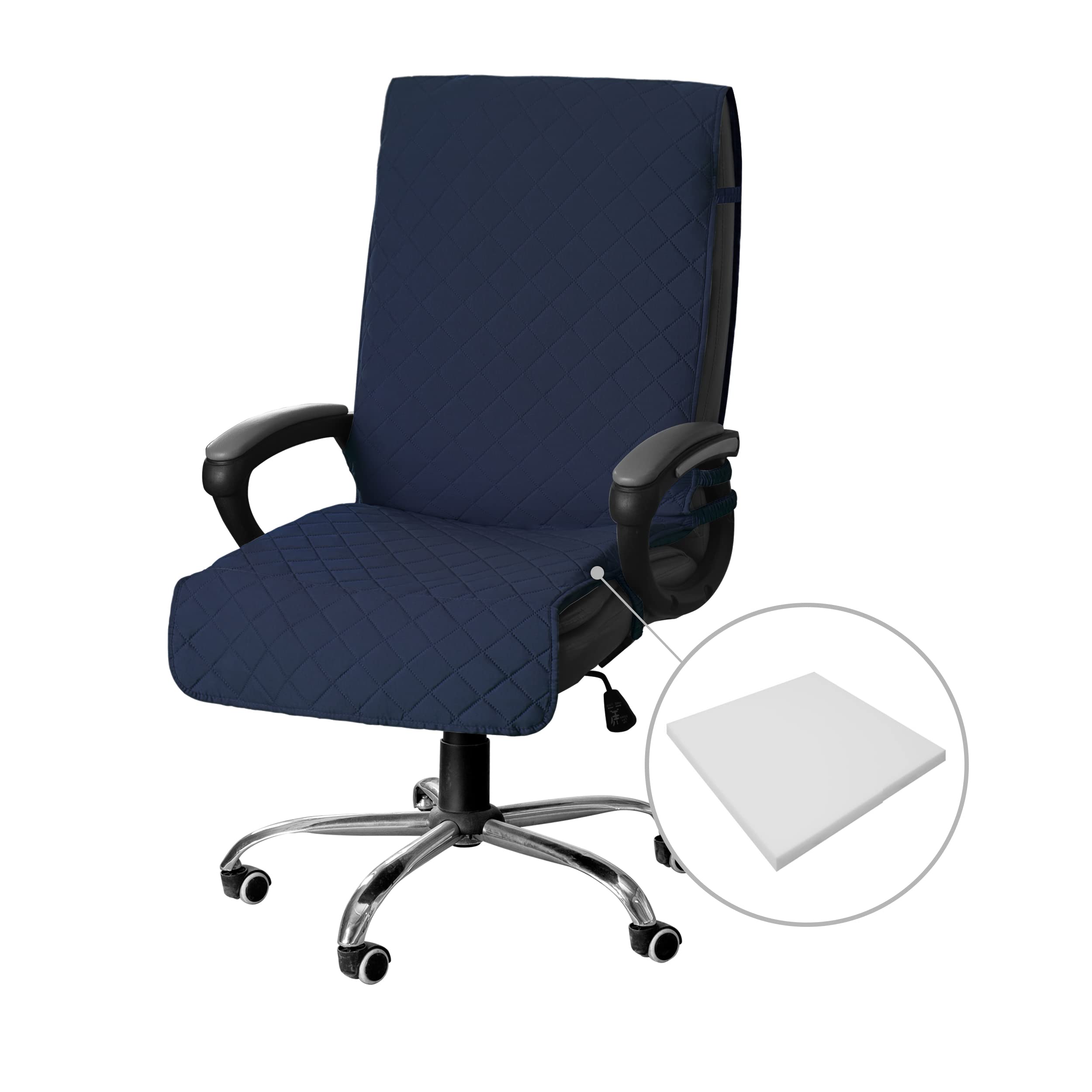 Easy-Going Quilted Microfiber Office Chair Cover With Soft Memory Foam Seat Cushion Water Resistant Desk Computer Chair Slipcover Anti-Slip Chair Protector (Medium, Navy)