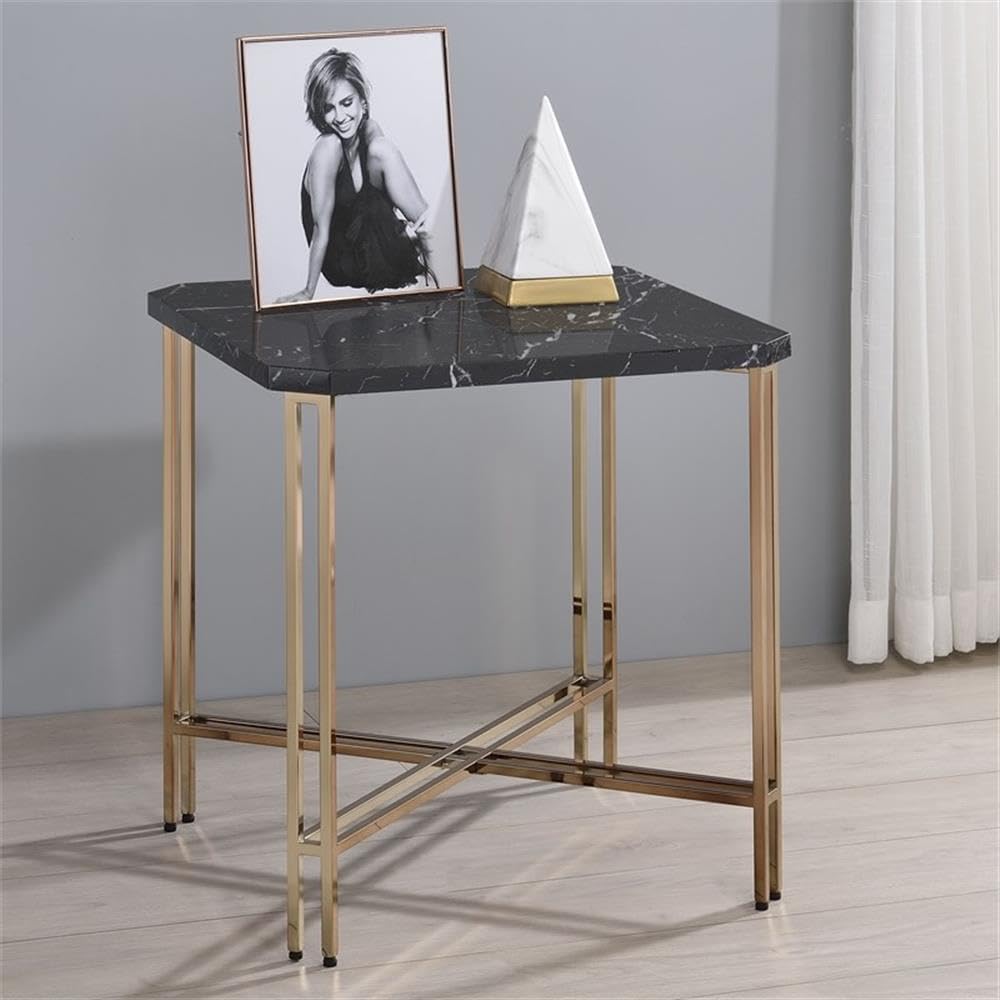 Steve Silver Co Daxton Black Faux Marble End Table, And Gold Metal Iron Legs, Cross Legs, Dorm, Apartment,Office, Bedroom Corner, 22' D X 22' W X 24' H, Black, Gold