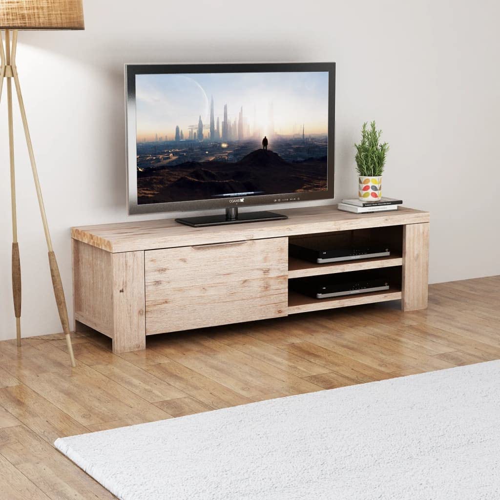 vidaXL Solid Brushed Acacia Wood TV Stand - Rustic Farmhouse Style Wooden Television Cabinet with Shelves and Cable Outlets - Beige with Easy Assembly, 55.1&quot;x15&quot;x15.7&quot;