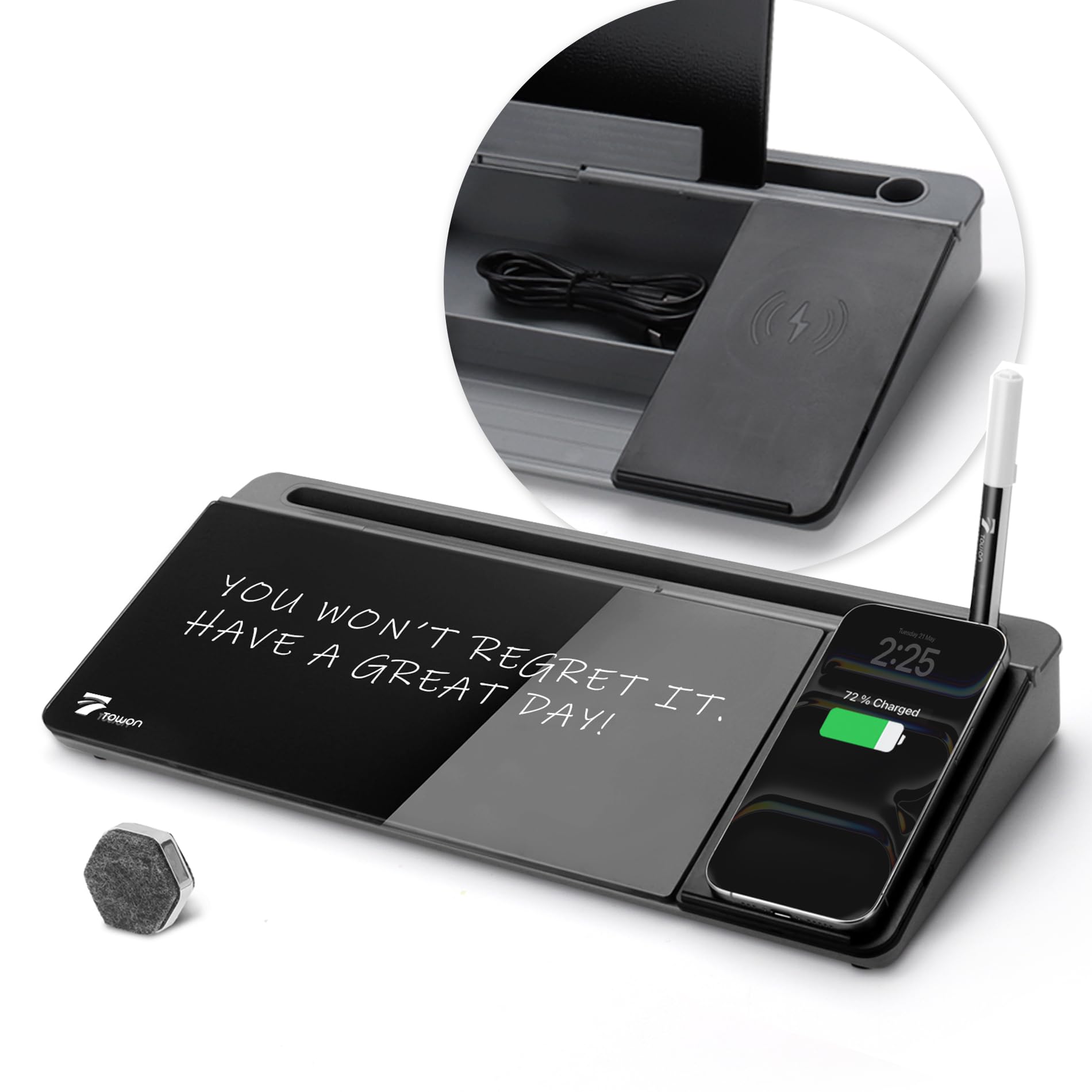 Towon Black Desk Dry Erase Board With Charger Pad, Small Glass Desktop Whiteboard, Desktop Whiteboard - Glass Dry Erase White Bo