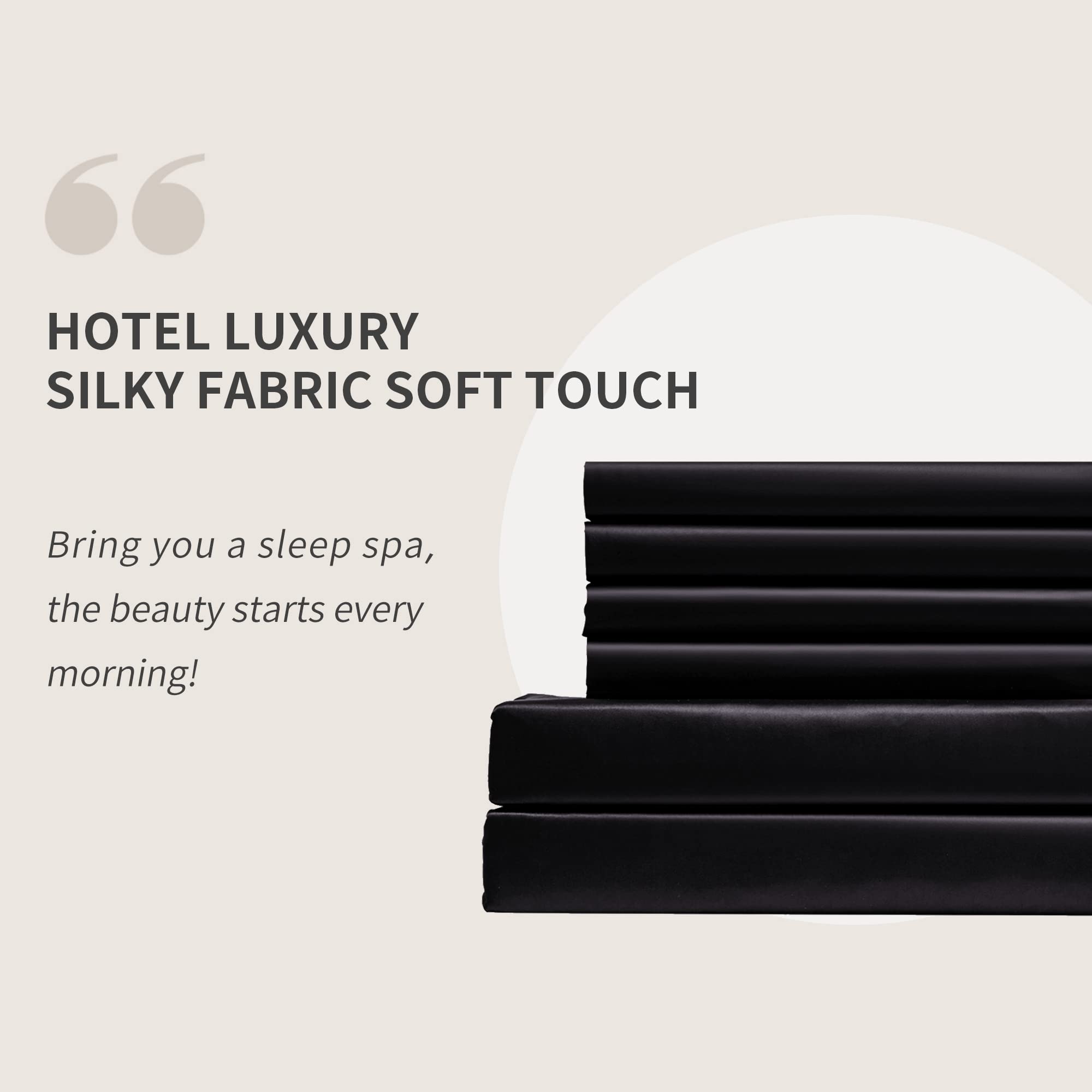 Candoury Queen Size Satin Sheets Bed Set 6 Pcs - Black Silky Bedding, Soft & Durable Pillowcases, Flat & Fitted Sheets - Hotel Luxury