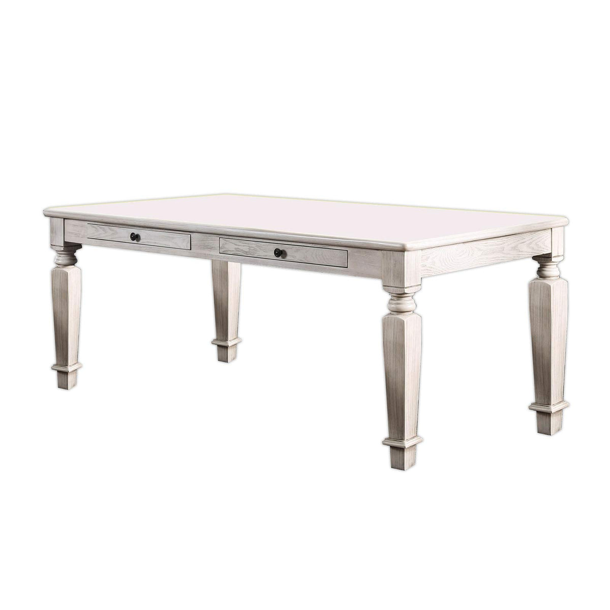 Benjara White Wooden Dining Table With 2 Drawers And Tapered Legs, Distressed