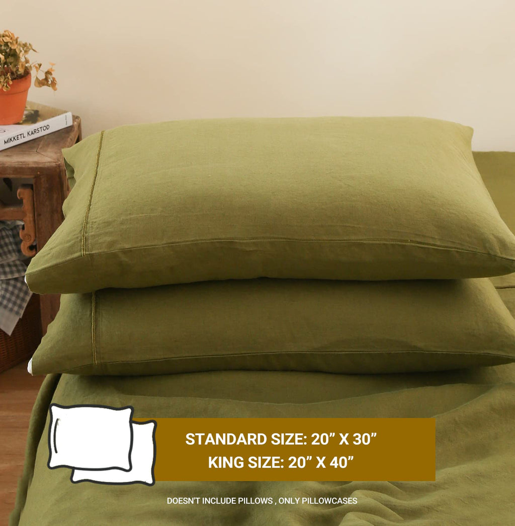 Simple&Opulence 100% Belgian Linen Pillowcase Embroidered-Set Of 2, Queen(Standard) Size(20''X30''), Stone Washed Solid Color-Soft And Durable, Olive Green
