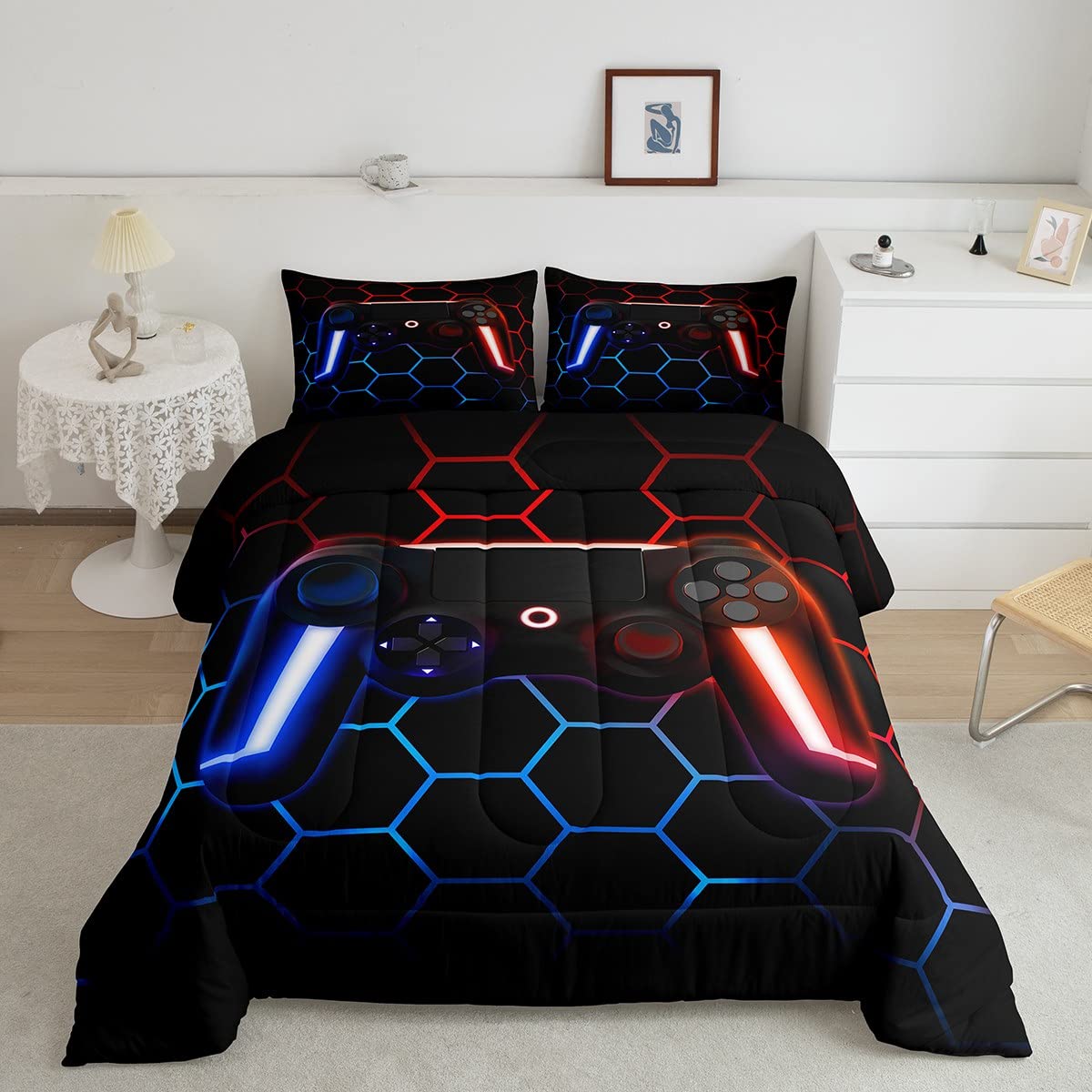 Game Bedding Sets For Boys Kids Teens,Gaming Comforter Set All Season,Gradient Neon Light Down Comforter Bedroom Decor,Modern Si