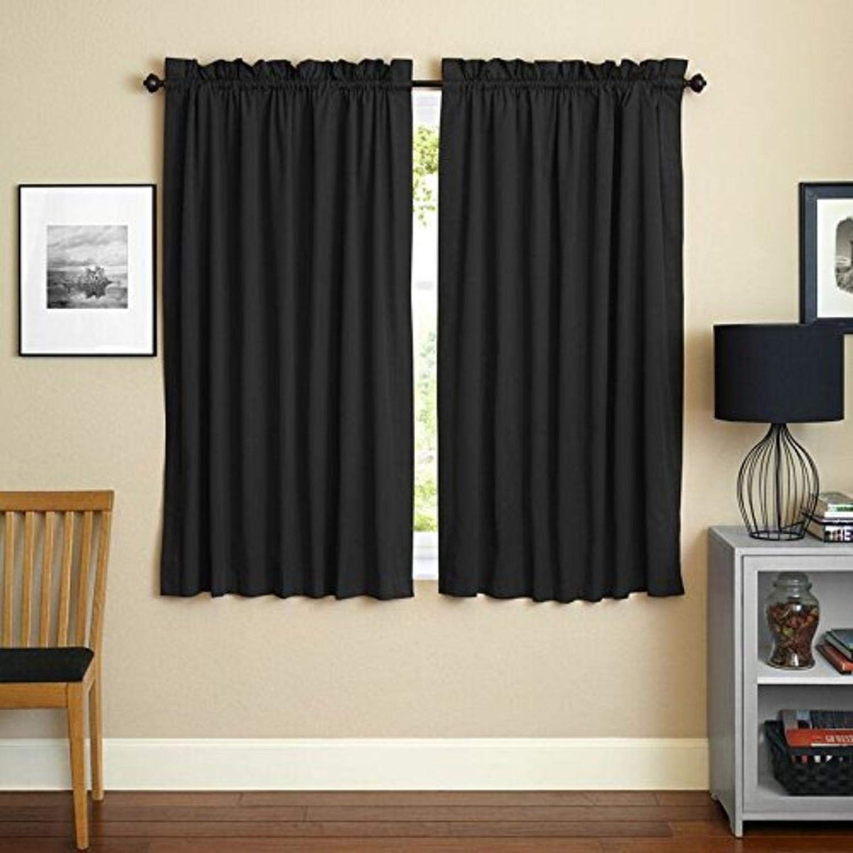 Blazing Needles Reversible Rod Pocket Room-Darkening Twill Curtain Panels, 63&quot; by 52&quot;, Black 2 Count