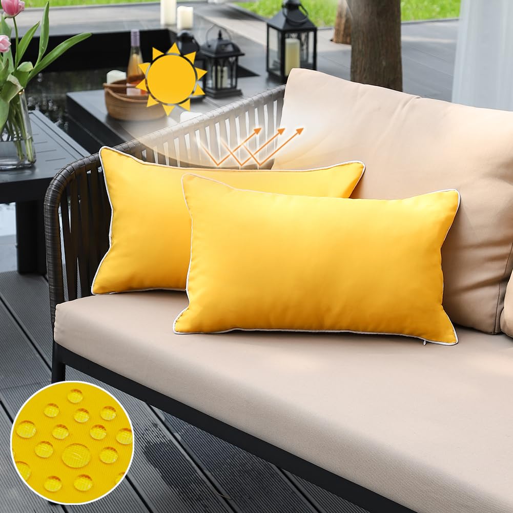 Jojogogo Mustard Yellow Waterproof Sun Fade Resistant Lumbar Pillow Covers 12X20 Set Of 2, Bright Yellow Summer Outdoor Decorati