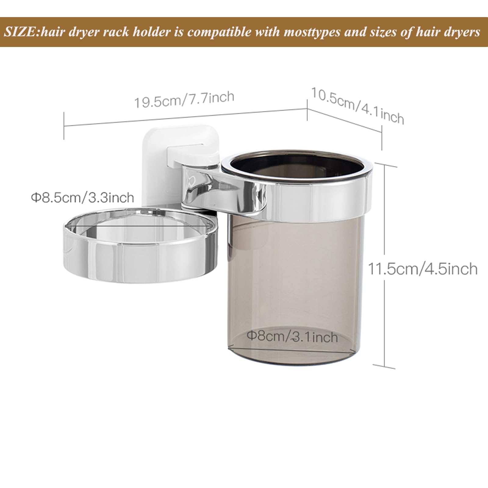 Raikedr Hair Dryer Holder, Bathroom Hair Dryer Holder With Storage Tray, Hair Care Tools Holder Wall Mount - Extra Large Rim (Si