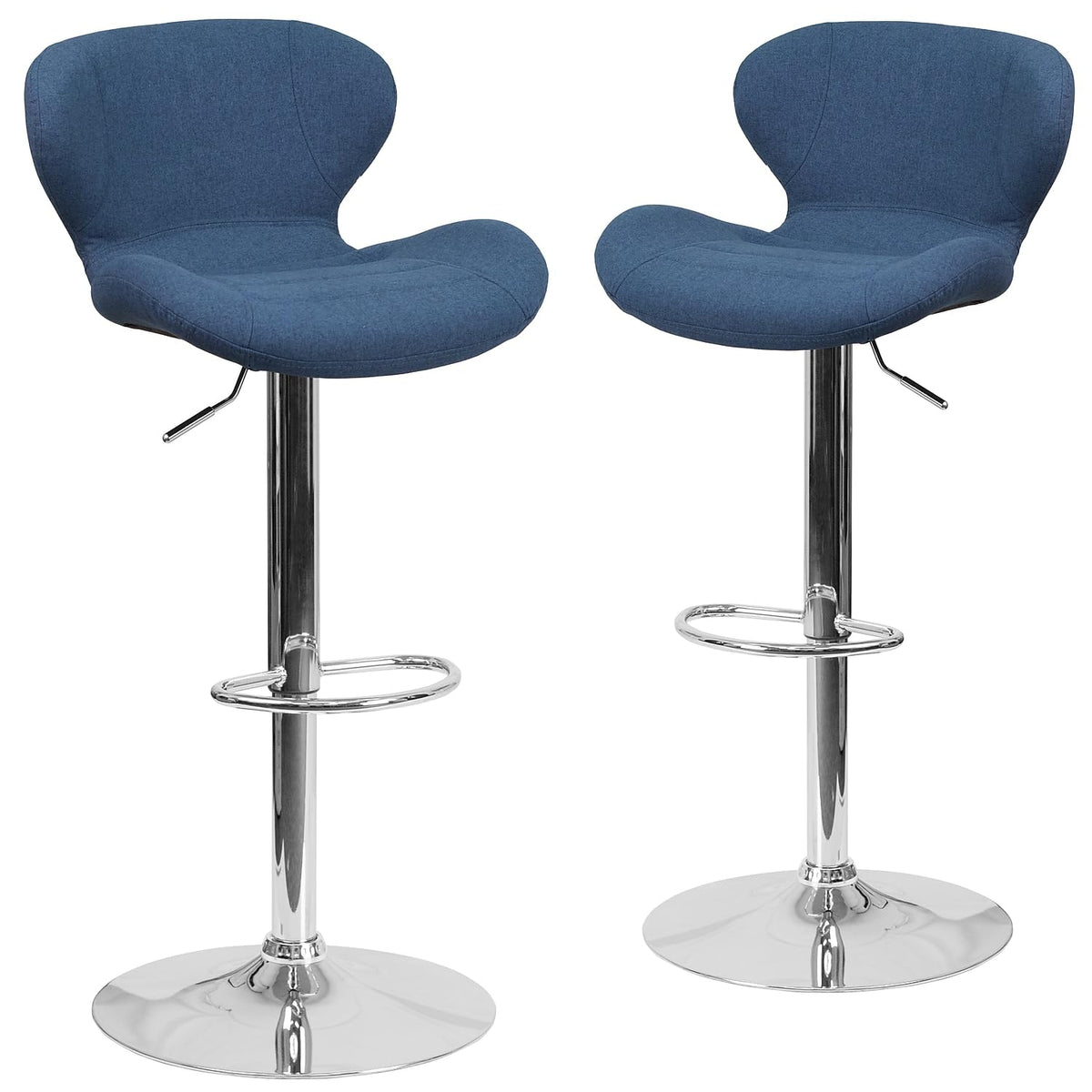 Flash Furniture Contemporary Blue Fabric Adjustable Height Barstool With Curved Back And Chrome Base