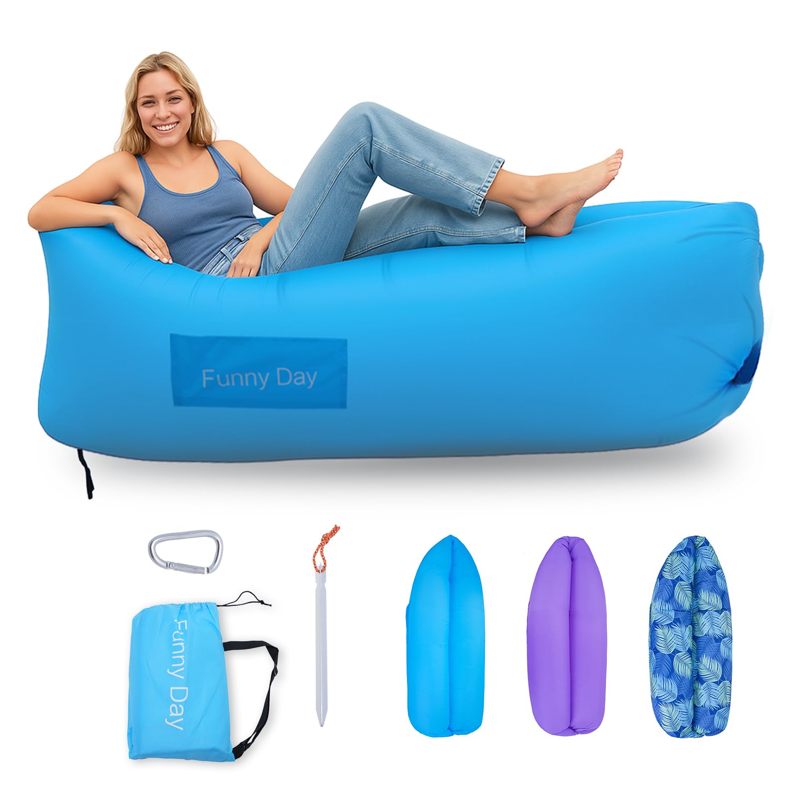 Inflatable Lounger, 210T polyester air sofa , inflatable couch for camping , can withstand 450 lbs air chair, pocket and matchin